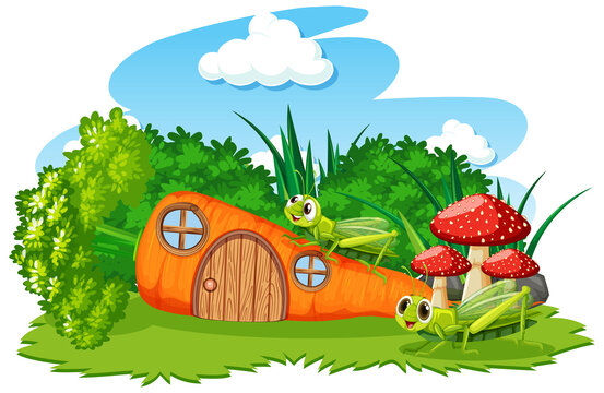Carrot house with two grasshoppers cartoon style on white background