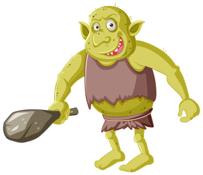 Yellow goblin or troll holding hunting tool in cartoon character isolated