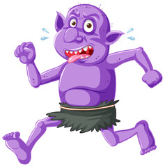 Purple goblin or troll running pose with funny face in cartoon character isolated