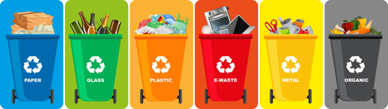 Colorful recycle bins with recycle symbol isolated on color background