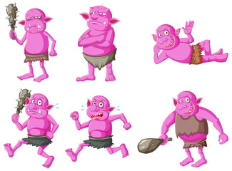 Set of pink goblin or troll in different poses in cartoon character isolated