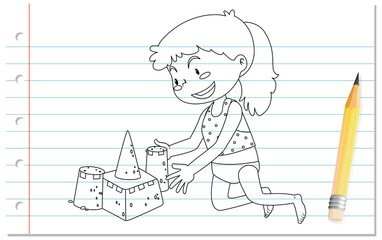 Hand writing of girl building sand castle outline