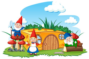Gnomes and cheese house in the garden cartoon style on sky background