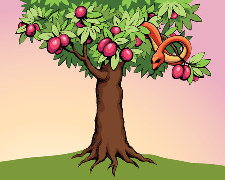 Serpent on the tree. Knowledge of good and evil. Vector drawing