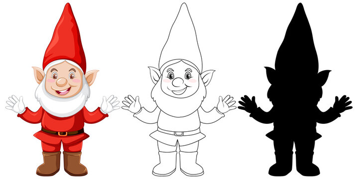 Gnome in color and outline and silhouette in cartoon character on white background
