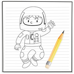 Hand drawing of boy in astronaut outfit outline