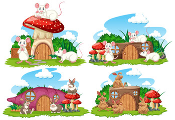 Set of fantasy houses in the garden with cute animals isolated on white background.