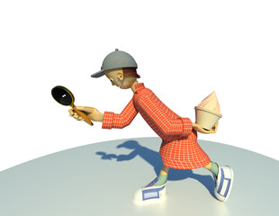 Discovering the world 3D illustration. A young boy character playing detective and explorer, holding magnifying glass and an ice cream, isolated on white. Collection.