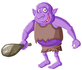 Purple goblin or troll holding hunting tool in cartoon character isolated