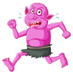 Pink goblin or troll running pose with funny face in cartoon character isolated
