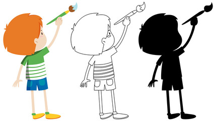 Boy holding paintbrush with its outline and silhouette