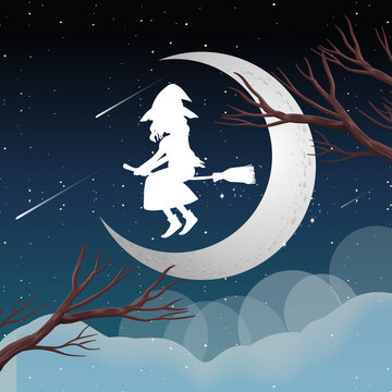 Witch or wizard riding broomstick in silhouetteon the sky isolated on sky background