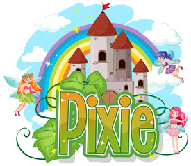 Pixie logo with little fairies on rainbow sky background