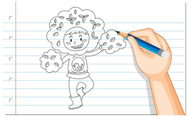 Hand drawing of boy in tree costume outline