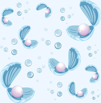 Set of pearl in shell cartoon style on blue background