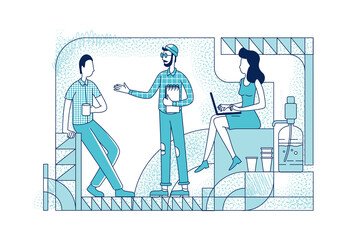 Colleagues at coffee break silhouette vector illustration. Creative studio designer communication outline characters on white background. Employees coworking space simple style drawing