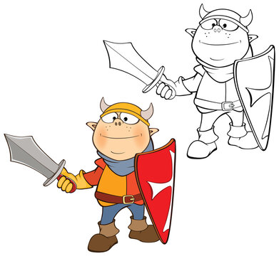 Vector Illustration of a Cute Cartoon Character  Knight for you Design and Computer Game. Coloring Book Outline Set 
