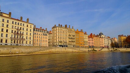 Fototapeta premium Europe, France, Auvergne Rhone Alpes region, city of Lyon, facade of building along the river