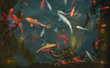 Golden carps and koi fishes in the pond