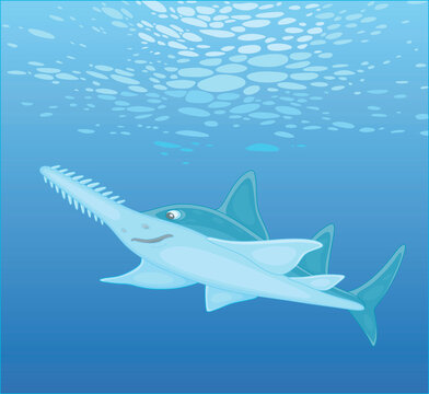 Large sinister marine largetooth sawfish swimming in blue water of a tropical sea, vector cartoon illustration