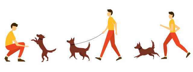 Man with a dog in various activities. Vector illustration in flat style.