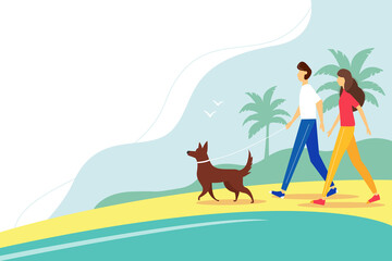 Fototapeta premium Woman and man walking with the dog on the beach. The concept of an active lifestyle, outdoor recreation. Cute summer illustration in flat style. 