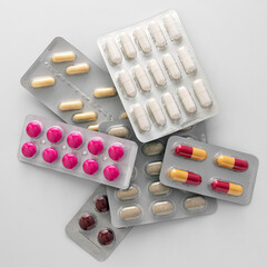 Close-up on various drugs in blister packs