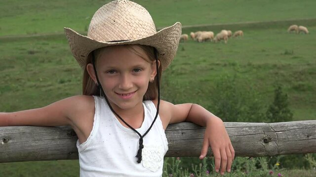 Kid Portrait Looking, Smiling at Camera, Cowboy Child with Sheep Grazing, Shepherd in Field, Happy Girl Face Playing Outdoor 4K