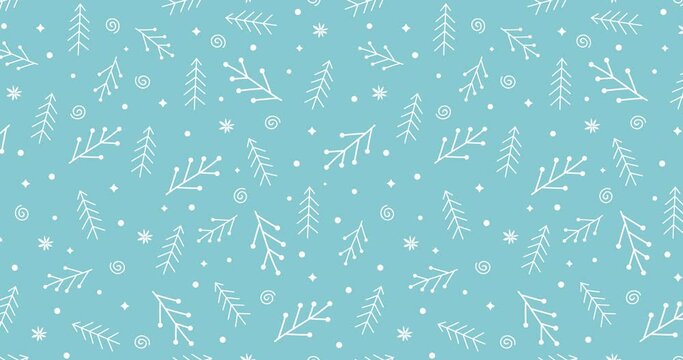 Seamless pattern with snowflakes and fir branches on a blue background. Loop animation 4K