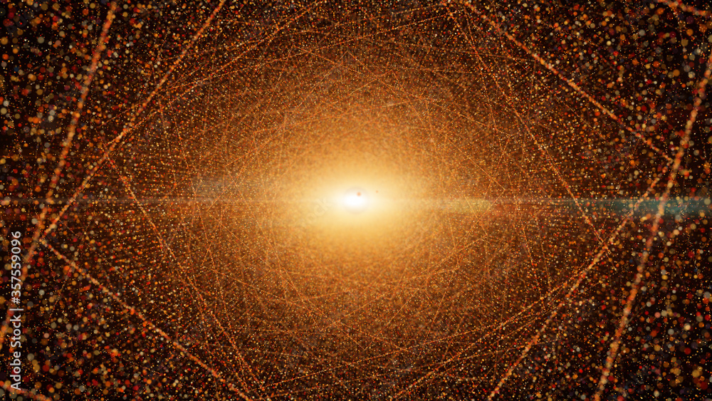 Poster infinite orange square tunnel of glowing dots particle. cyber technology background.