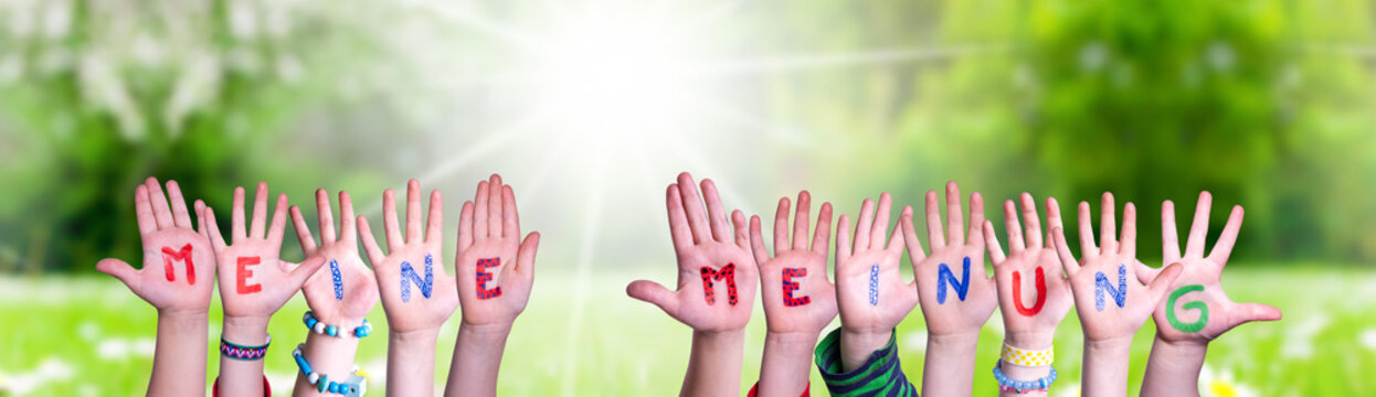 Children Hands Building Colorful German Word Meine Meinung Means My Opinion. Sunny Green Grass Meadow As Background
