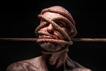 Image of binded bald man with rope on face