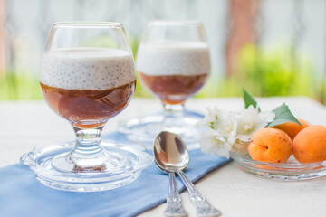 Chia Pudding. Healthy food made from chia seeds and vegetable milk with fresh fruit puree.