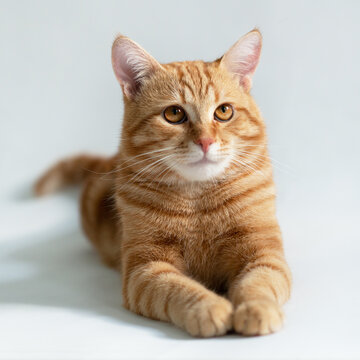 Orange cat. Portrait of tabby ginger cat over white background. Adorable pet posing at studio. Cute domestic animal.