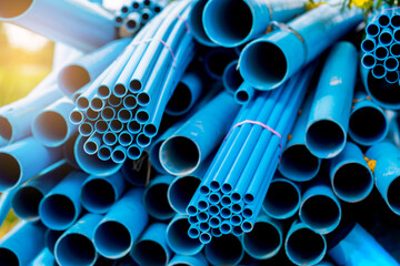 Selective to blue plastic pipe background. PVC pipes stacked in warehouse of construction site. ...