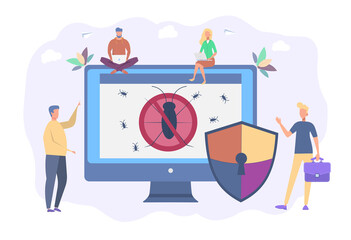 People on laptops are testing new software. Search for the virus. Beta testing or testing of a new product, antivirus sale concept. Colorful vector illustration