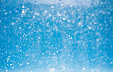 Blue water drops background. Blue water drops on a boat glass background