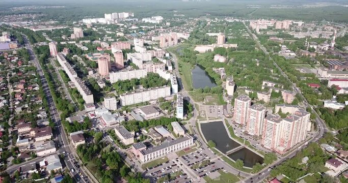 Scenic view from drone of modern cityscape of Russian city of Chekhov 