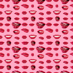 Seamless pattern of seductive beautiful female lips with different emotions. Emotional woman's mouth gestures, collage over pink background. Template for print, textile, box, wallpaper, cover design