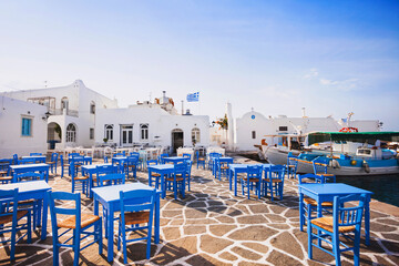 Greek fishing village in Paros island, Naousa, , Cyclades, Greece. Travel, tourist destination, vacations concept