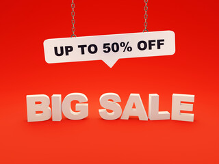 Big Sale, up to 50% off red background 3D render illustration