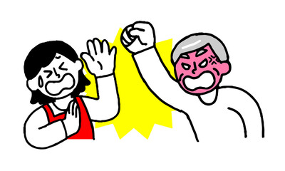 殴りかかるシニア男性と暴力を受けるエプロン女性（シンプル）