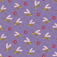 Swarm of wasps seamless vector pattern on lilac garden background. Insects themed surface print design. For fabrics, stationery, and packaging.
