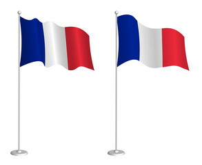flag of French Republic on flagpole waving in the wind. Holiday design element. Checkpoint for map symbols. Isolated vector on white background