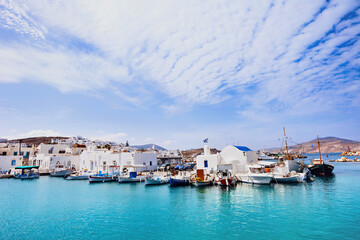Greek fishing village in Paros island, Naousa, Cyclades, Greece. Travel, tourist destination,...
