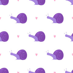 Cute snail and hearts seamless pattern on white. Vector illustration.