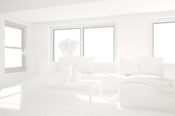 modern room with sofa,pillows,plaid,table and plants interior design. 3D illustration