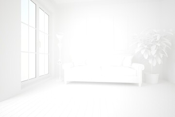 modern white room with sofa,plant and lamp interior design. 3D illustration