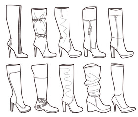 collection of fashionable women's boots (coloring book)