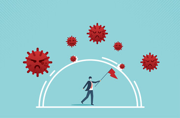 Defensive and fight to win COVID-19 or Coronavirus and survive. vector cartoon design.